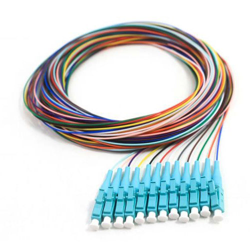 RiteAV 12 Strand Fiber Pigtail, 50/125 Multmode(Aqua Boot), OM3, LC/PC connectors, 3 meter