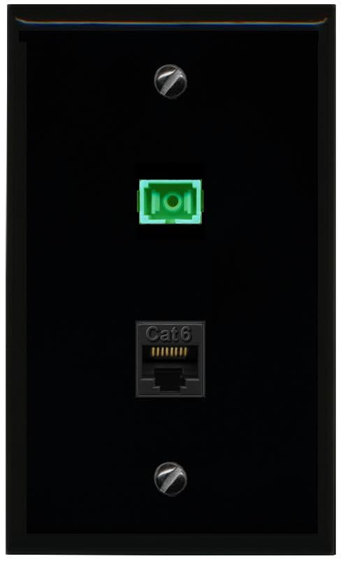 RiteAV 1 Port Fiber Optic Jack SC Simplex APC + Cat6 Wall Plate-Flat Black/Black