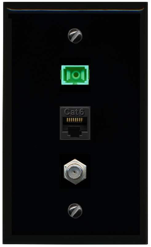 RiteAV 1 Port Fiber Optic Jack SC Simplex APC + Cat6 + Coax Wall Plate-Flat Black/Black