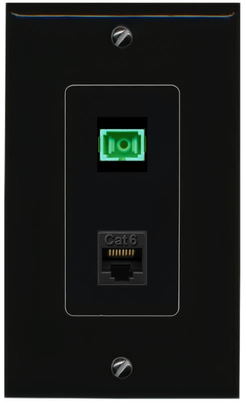 RiteAV 1 Port Fiber Optic Jack SC Simplex APC + Cat6 Wall Plate-1 Gang Black/Black