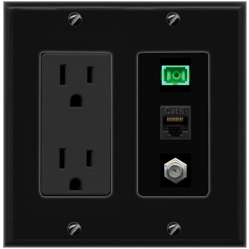 RiteAV 1 Port Fiber Optic Jack SC Simplex APC + Cat6 + Coax Wall Plate-Outlet Black/Black