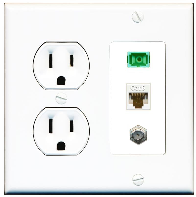 RiteAV 1 Port Fiber Optic Jack SC Simplex APC + Cat6 + Coax Wall Plate-Round Outlet White