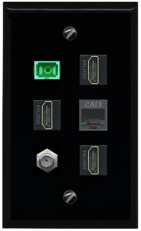 RiteAV COAX 3 HDMI PHONE SC APC Simplex Fiber Flat/Solid Wall Plate [Black]