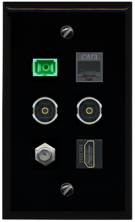 RiteAV COAX HDMI PHONE SC APC Simplex Fiber 2 TOSLINK Flat/Solid Wall Plate [Black]