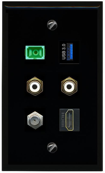 RiteAV Coax HDMI 2 RCA White SC APC Simplex Fiber USB 3 Flat/Solid Wall Plate [Black]