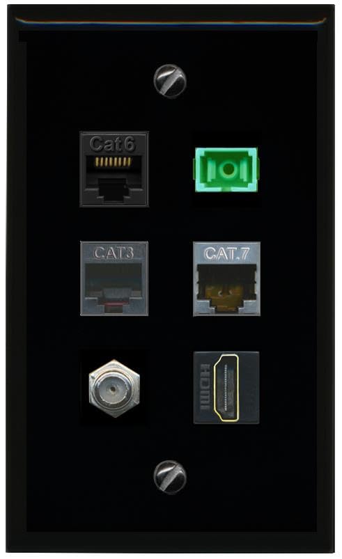 RiteAV CAT6 CAT7 COAX HDMI PHONE SC APC Simplex Fiber Flat/Solid Wall Plate [Black]
