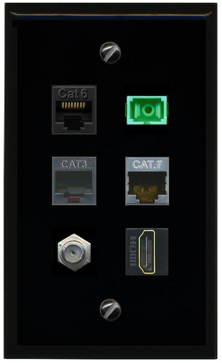 RiteAV CAT6 CAT7 COAX HDMI PHONE SC APC Simplex Fiber Flat/Solid Wall Plate [Black]