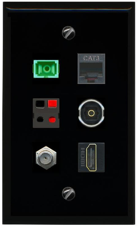 RiteAV COAX HDMI PHONE SC APC Simplex Fiber SPEAKER TOSLINK Flat/Solid Wall Plate [Black]