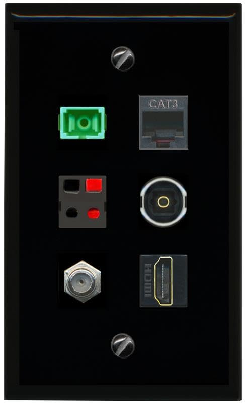 RiteAV COAX HDMI PHONE SC APC Simplex Fiber SPEAKER TOSLINK Flat/Solid Wall Plate [Black]