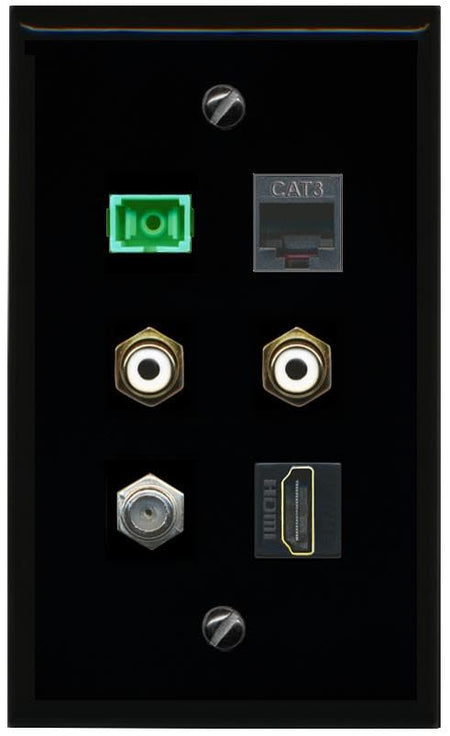 RiteAV Coax HDMI Phone 2 RCA White SC APC Simplex Fiber Flat/Solid Wall Plate [Black]