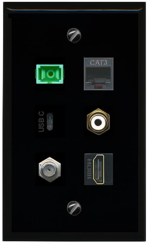 RiteAV Coax HDMI Phone RCA White SC APC Simplex Fiber USBC Flat/Solid Wall Plate [Black]
