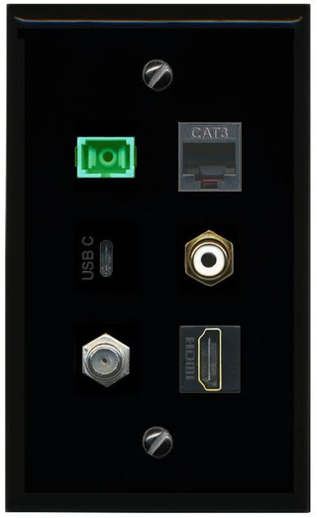 RiteAV Coax HDMI Phone RCA White SC APC Simplex Fiber USBC Flat/Solid Wall Plate [Black]