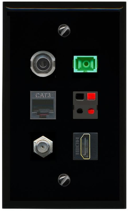 RiteAV 3.5mm COAX HDMI PHONE SC APC Simplex Fiber SPEAKER Flat/Solid Wall Plate [Black]