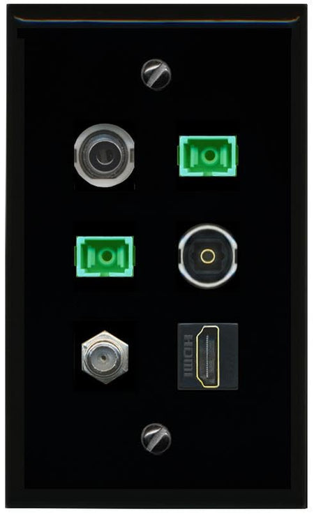 RiteAV 3.5mm Coax HDMI 2 SC APC Simplex Fiber TOSLINK Flat/Solid Wall Plate [Black]