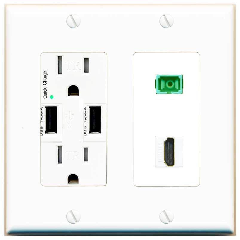 RiteAV 1 Port Fiber Optic Jack SC Simplex APC + HDMI Wall Plate-USB Charger White