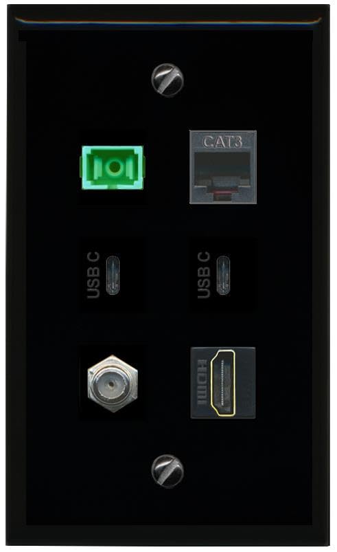 RiteAV Coax HDMI Phone SC APC Simplex Fiber 2 USBC Flat/Solid Wall Plate [Black]