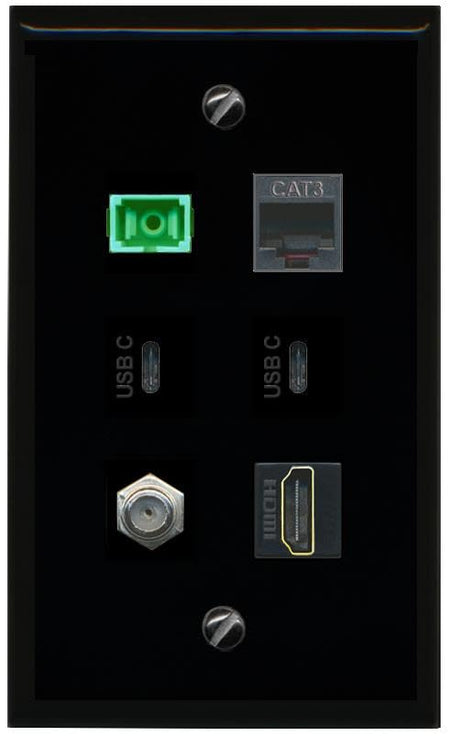 RiteAV Coax HDMI Phone SC APC Simplex Fiber 2 USBC Flat/Solid Wall Plate [Black]