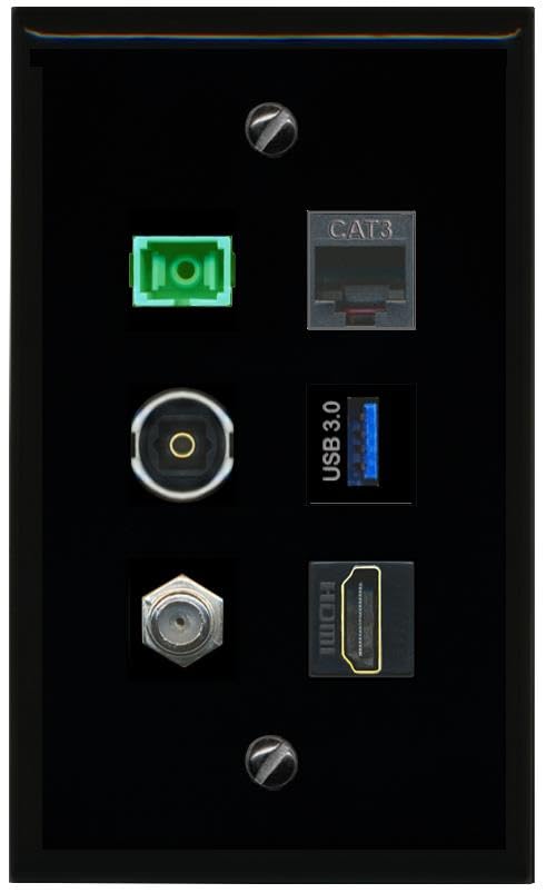 RiteAV Coax HDMI Phone SC APC Simplex Fiber TOSLINK USB 3 Flat/Solid Wall Plate [Black]