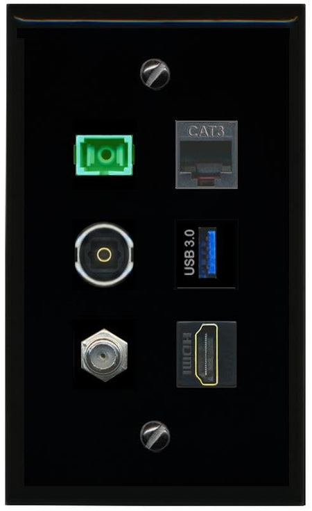 RiteAV Coax HDMI Phone SC APC Simplex Fiber TOSLINK USB 3 Flat/Solid Wall Plate [Black]