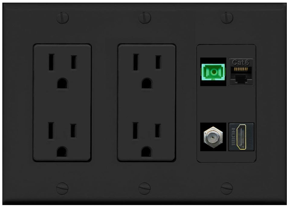 RiteAV 1 Port Fiber Optic Jack SC Simplex APC + Cat6 + Coax + HDMI Wall Plate-2 Outlet Black/Black