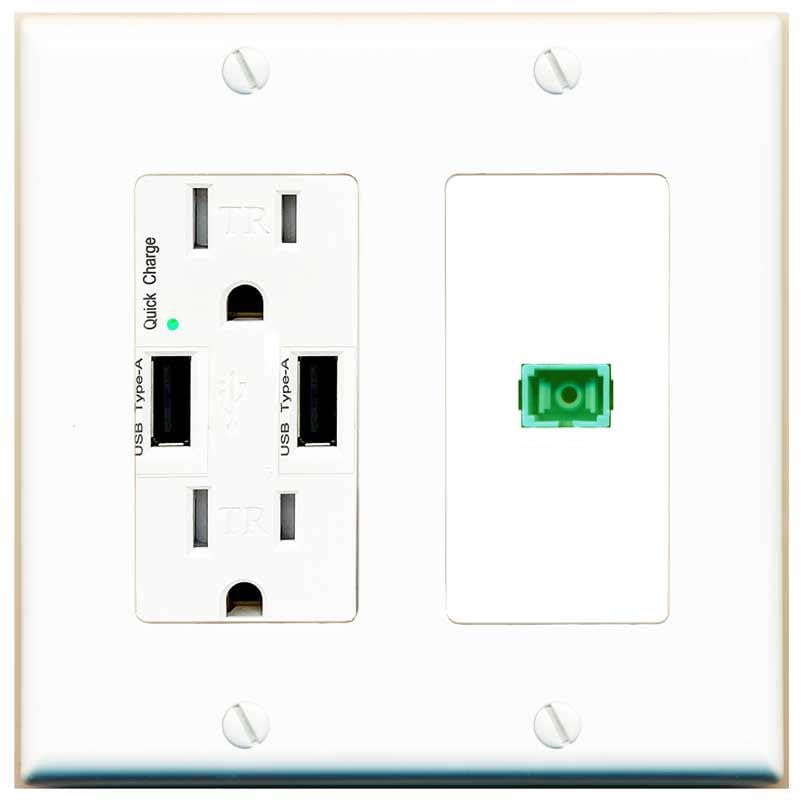RiteAV 1 Port Fiber Optic Coupler Jack SC Simplex Singlemode APC Wall Plate-USB Charger White