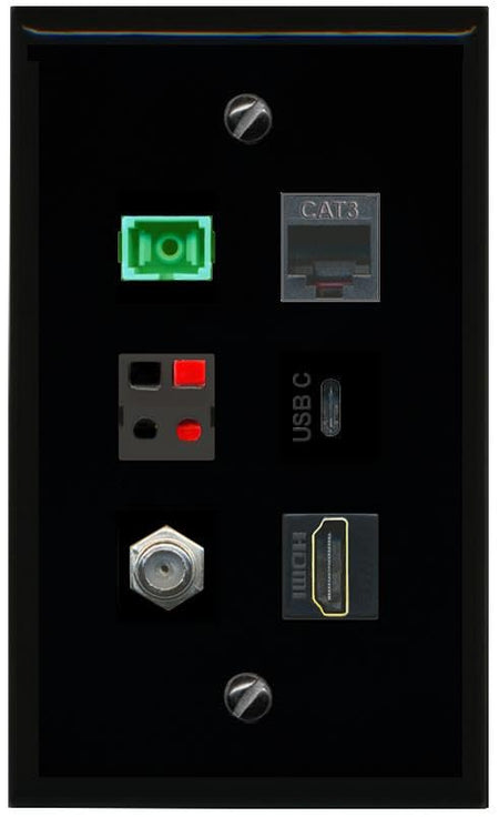 RiteAV COAX HDMI PHONE SC APC Simplex Fiber SPEAKER USBC Flat/Solid Wall Plate [Black]