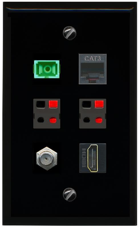 RiteAV COAX HDMI PHONE SC APC Simplex Fiber 2 SPEAKER Flat/Solid Wall Plate [Black]