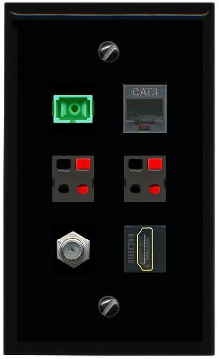RiteAV COAX HDMI PHONE SC APC Simplex Fiber 2 SPEAKER Flat/Solid Wall Plate [Black]