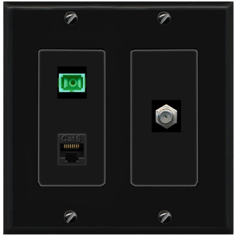 RiteAV 1 Port Fiber Optic Jack SC Simplex APC + Cat6 + Coax Wall Plate-2 Gang Black/Black