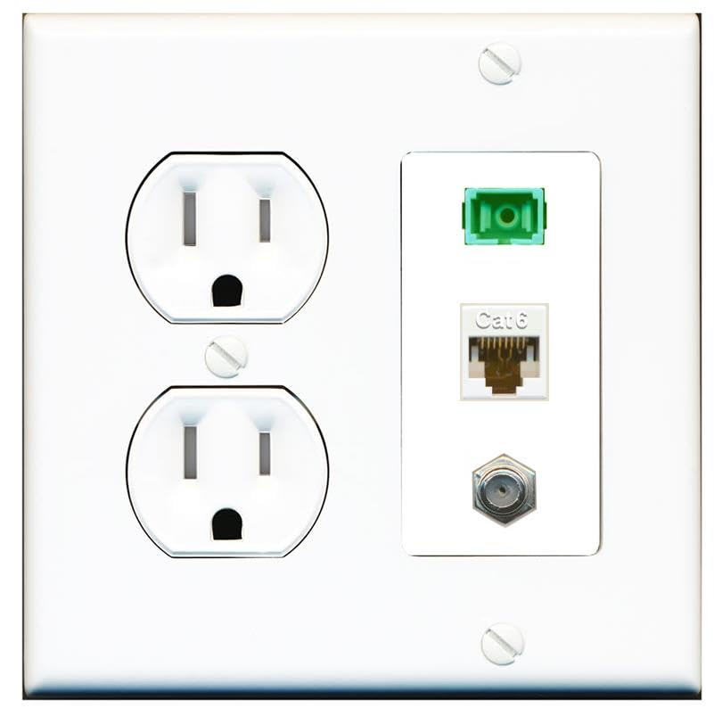 RiteAV 1 Port Fiber Optic Jack SC Simplex APC + Cat6 + Coax Wall Plate-Tamper Proof White