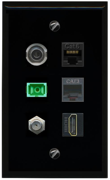 RiteAV 3.5mm CAT6 COAX HDMI PHONE SC APC Simplex Fiber Flat/Solid Wall Plate [Black]