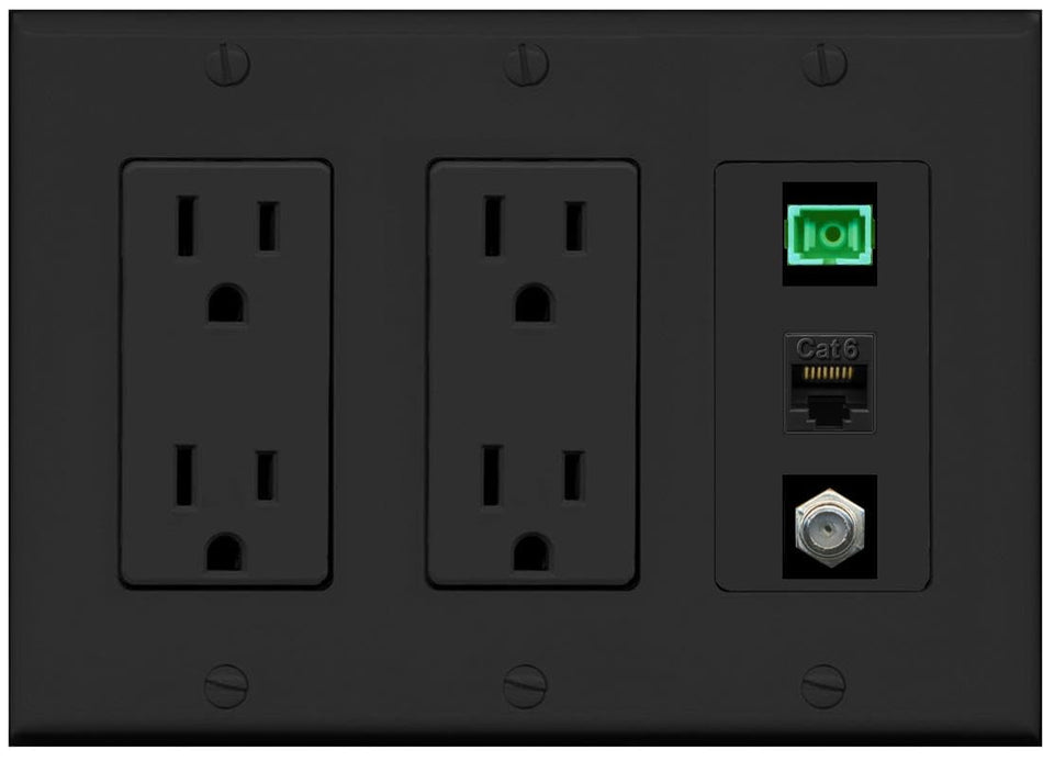RiteAV 1 Port Fiber Optic Jack SC Simplex APC + Cat6 + Coax Wall Plate-2 Outlet Black/Black
