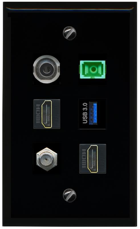 RiteAV 3.5mm Coax 2 HDMI SC APC Simplex Fiber USB 3 Flat/Solid Wall Plate [Black]