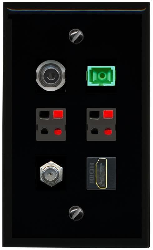 RiteAV 3.5mm COAX HDMI SC APC Simplex Fiber 2 SPEAKER Flat/Solid Wall Plate [Black]