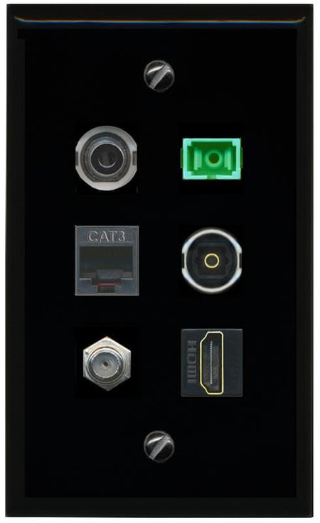 RiteAV 3.5mm COAX HDMI PHONE SC APC Simplex Fiber TOSLINK Flat/Solid Wall Plate [Black]