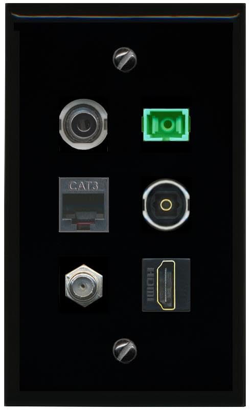 RiteAV 3.5mm COAX HDMI PHONE SC APC Simplex Fiber TOSLINK Flat/Solid Wall Plate [Black]