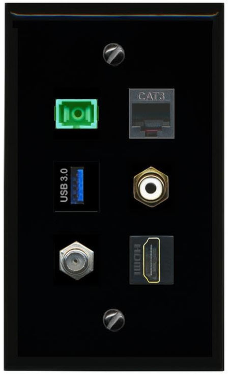 RiteAV Coax HDMI Phone RCA White SC APC Simplex Fiber USB 3 Flat/Solid Wall Plate [Black]