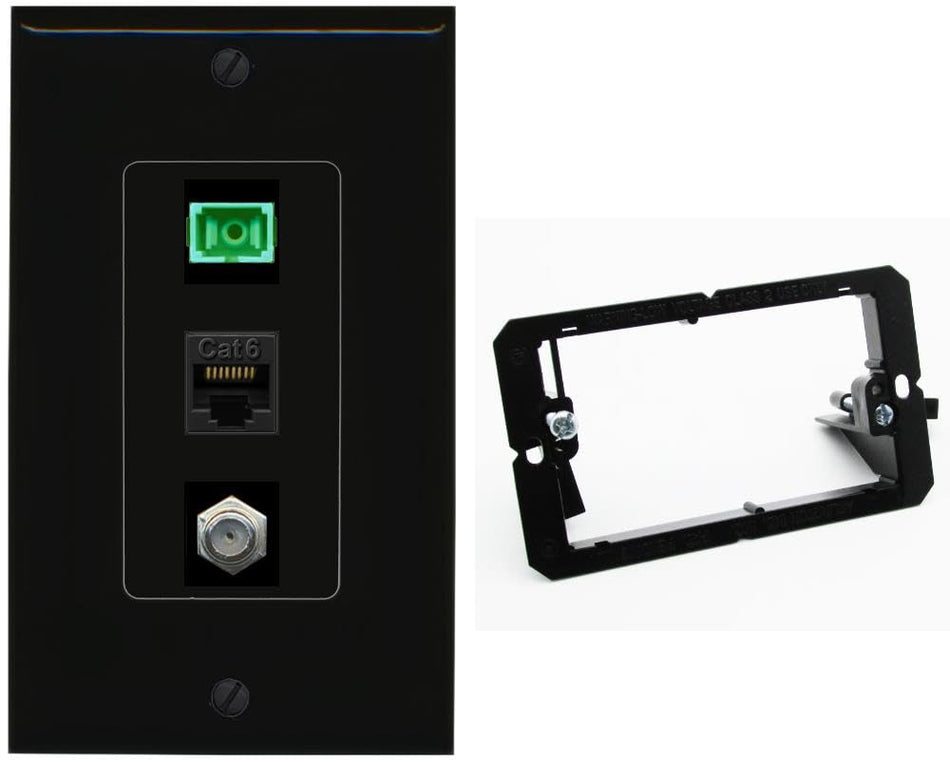 RiteAV 1 Port Fiber Optic Jack SC Simplex APC + Cat6 + Coax Wall Plate-Bracket Black/Black