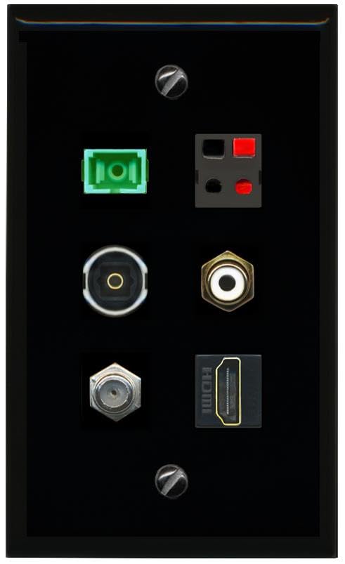RiteAV COAX HDMI RCA WHITE SC APC Simplex Fiber SPEAKER TOSLINK Flat/Solid Wall Plate [Black]