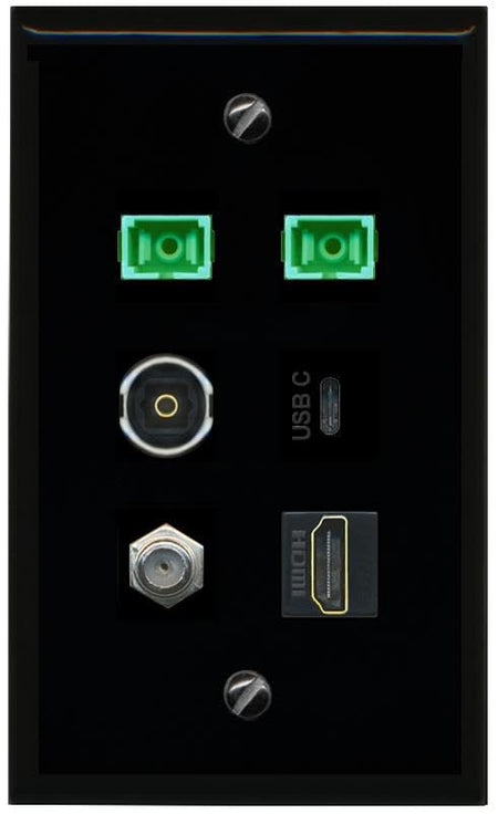 RiteAV Coax HDMI 2 SC APC Simplex Fiber TOSLINK USBC Flat/Solid Wall Plate [Black]