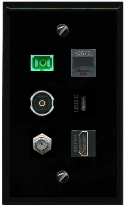 RiteAV Coax HDMI Phone SC APC Simplex Fiber TOSLINK USBC Flat/Solid Wall Plate [Black]