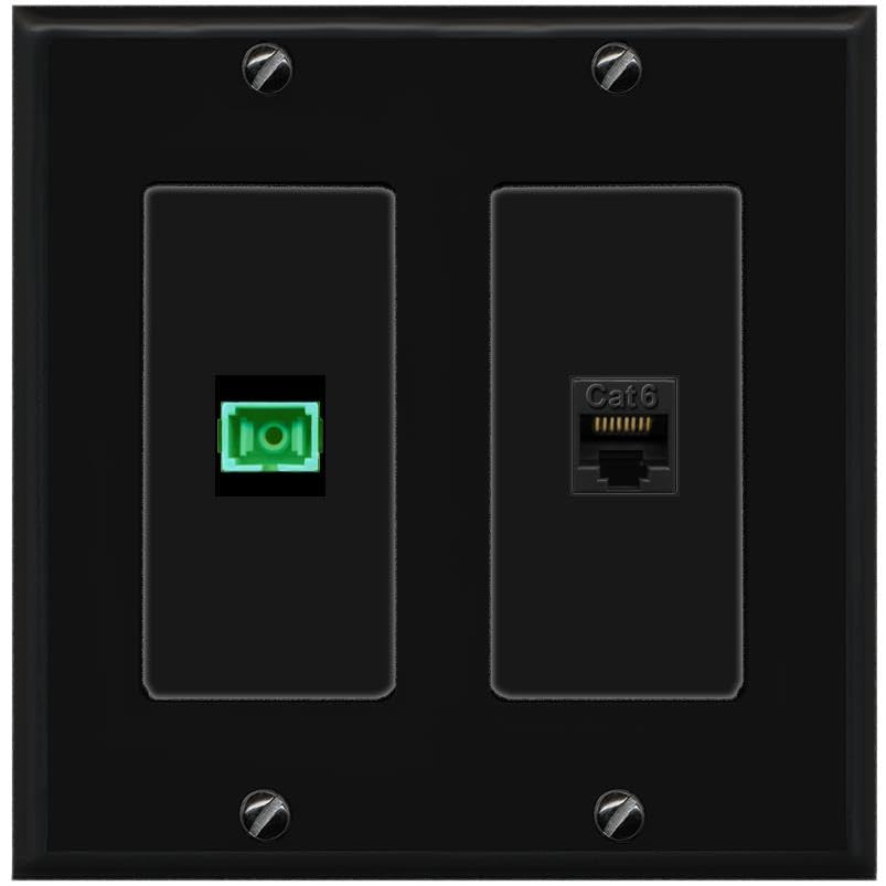 RiteAV 1 Port Fiber Optic Jack SC Simplex APC + Cat6 Wall Plate-2 Gang Black/Black