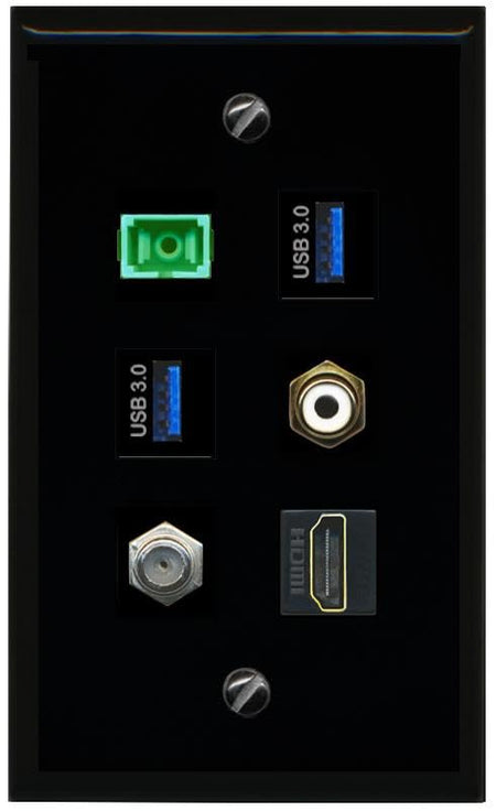 RiteAV Coax HDMI RCA White SC APC Simplex Fiber 2 USB 3 Flat/Solid Wall Plate [Black]