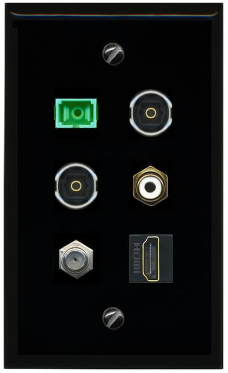 RiteAV Coax HDMI RCA White SC APC Simplex Fiber 2 TOSLINK Flat/Solid Wall Plate [Black]