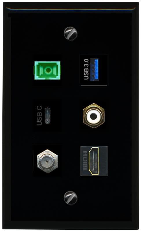 RiteAV Coax HDMI RCA White SC APC Simplex Fiber USB 3 USBC Flat/Solid Wall Plate [Black]