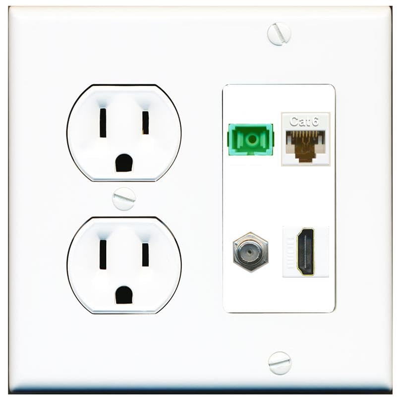 RiteAV 1 Port Fiber Optic Jack SC Simplex APC + Cat6 + Coax + HDMI Wall Plate-Round Outlet White