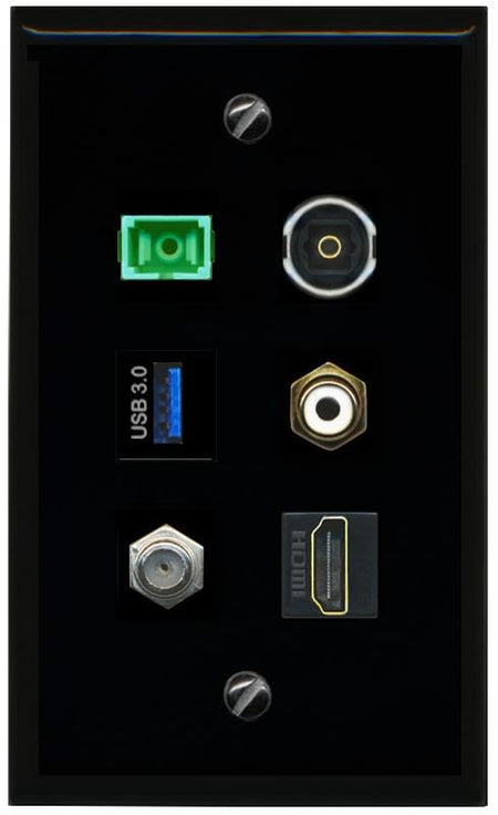 RiteAV Coax HDMI RCA White SC APC Simplex Fiber TOSLINK USB 3 Flat/Solid Wall Plate [Black]