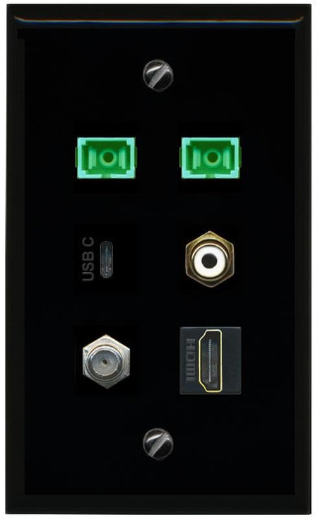 RiteAV Coax HDMI RCA White 2 SC APC Simplex Fiber USBC Flat/Solid Wall Plate [Black]