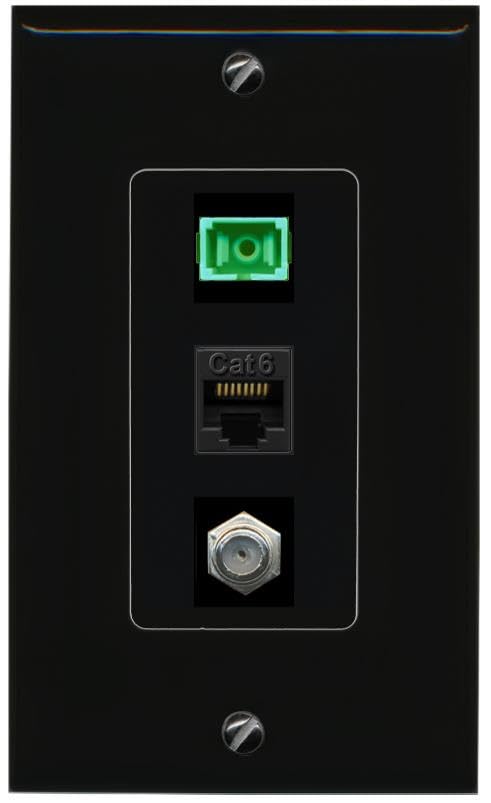 RiteAV 1 Port Fiber Optic Jack SC Simplex APC + Cat6 + Coax Wall Plate-1 Gang Black/Black