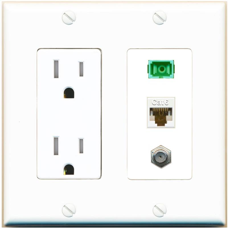 RiteAV 1 Port Fiber Optic Jack SC Simplex APC + Cat6 + Coax Wall Plate-Tamper-Res White